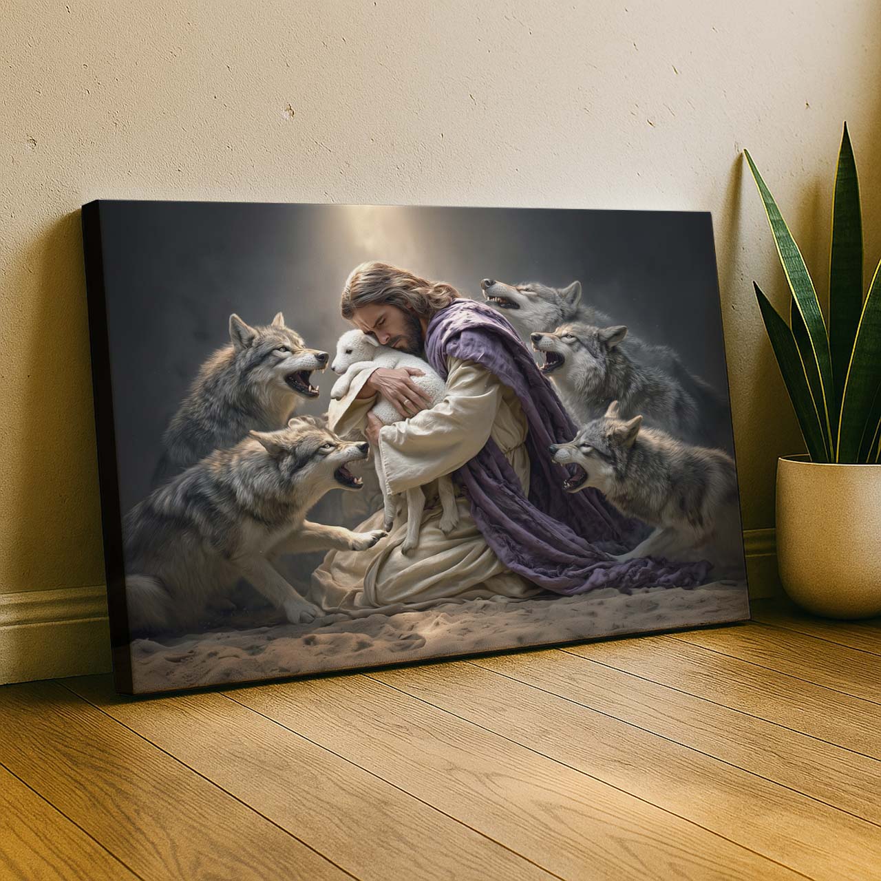 Jesus Embracing the Lamb Surrounded by Wolves – Wall Art Canvas – mock-up 5