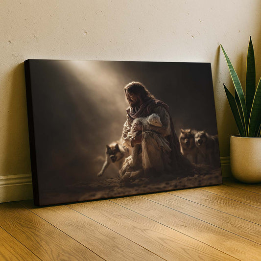 Jesus Shielding the Lamb from Wolves – Christian Wall Art Canvas
