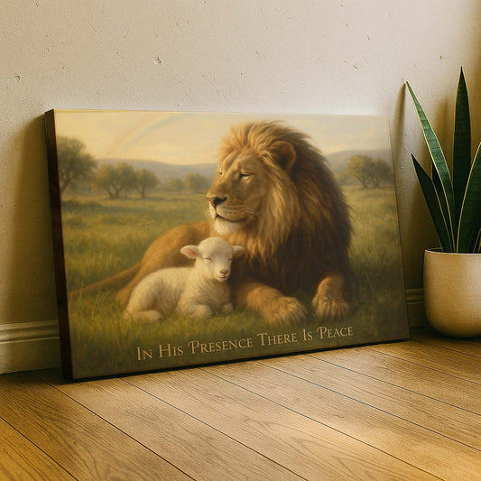 Lion and Lamb in Harmony with Rainbow, Wall Art Canvas