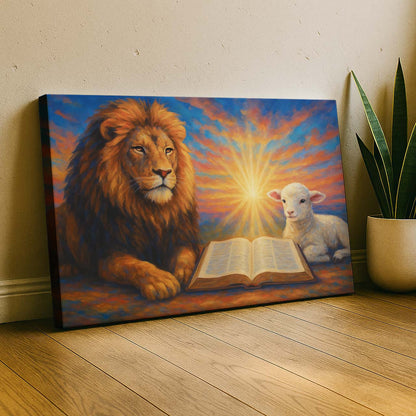Lion and Lamb Before the Open Bible, Wall Art Canvas