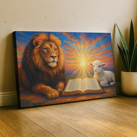 Lion and Lamb Before the Open Bible, Wall Art Canvas