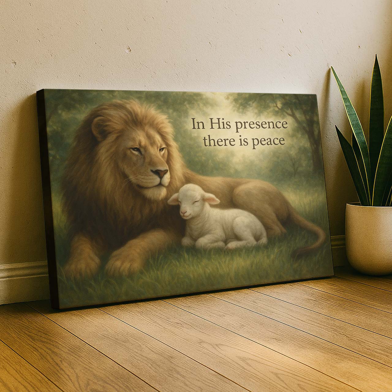 Lion and Lamb Under 'In His Presence There Is Peace', Wall Art Canvas