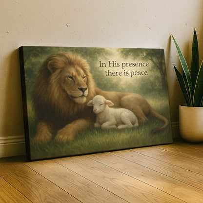 Lion and Lamb Under 'In His Presence There Is Peace', Wall Art Canvas