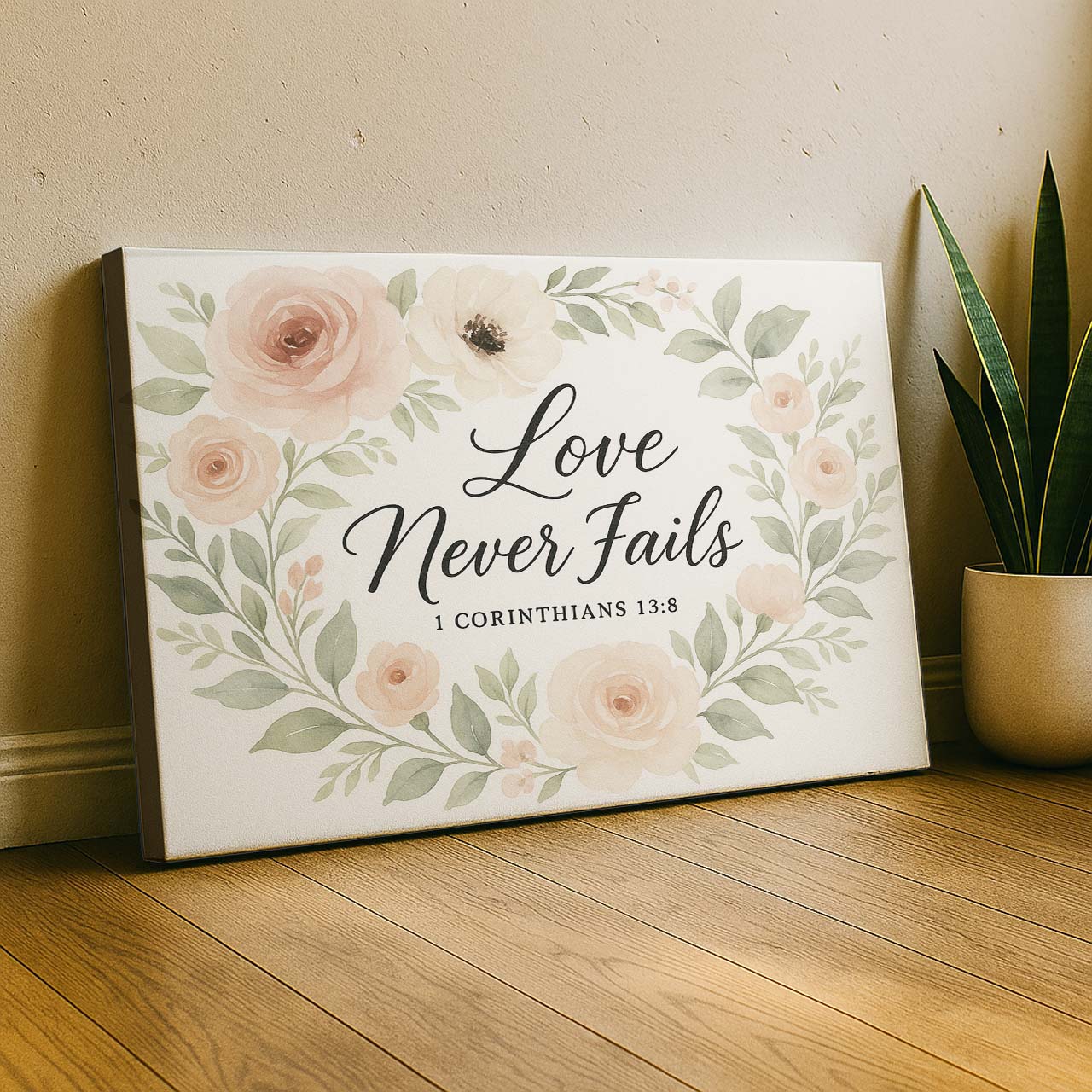 Love Never Fails 1 Corinthians 13:8 Floral Design, Wall Art Canvas