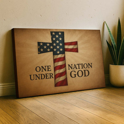 American Flag Cross Adorned by 'One Nation Under God' Typography, Wall Art Canvas