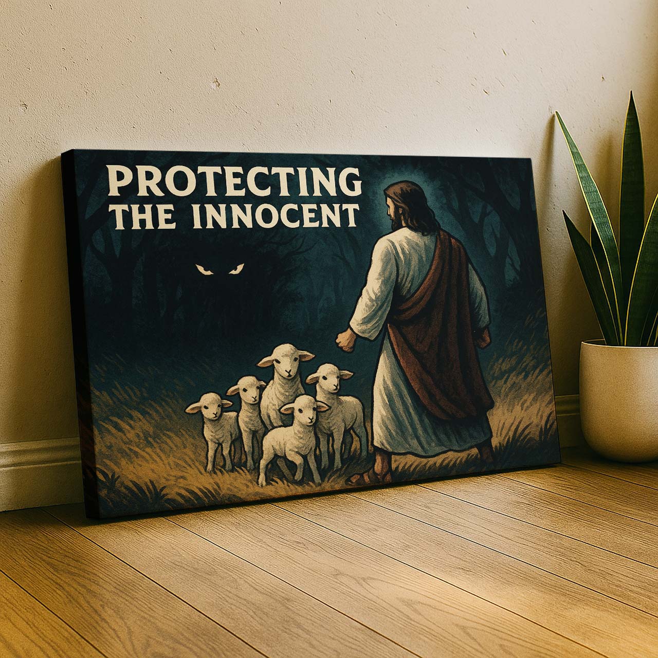 Jesus Protecting the Lambs in the Dark, Wall Art Canvas