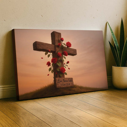 Wild Roses Entwined on Rustic Cross, Wall Art Canvas