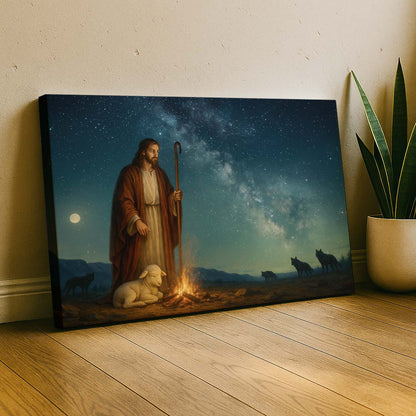 Jesus Guarding Lamb Under Starry Sky, Wall Art Canvas