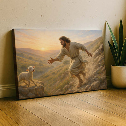 Jesus Holding Lamb Over Green Pasture, Wall Art Canvas