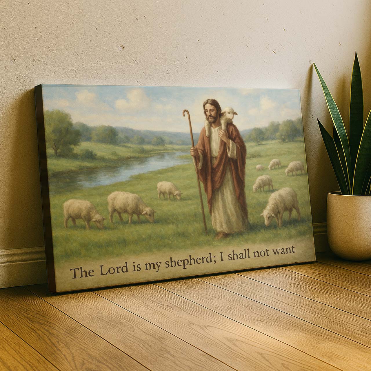 Jesus Carrying Lamb by a River, Wall Art Canvas