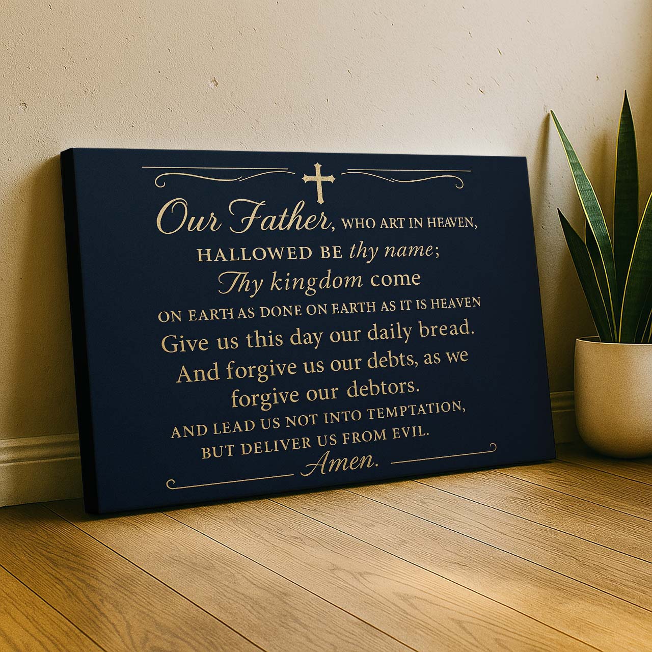Our Father The Lord’s Prayer in Gold Script on Dark Background, Wall Art Canvas