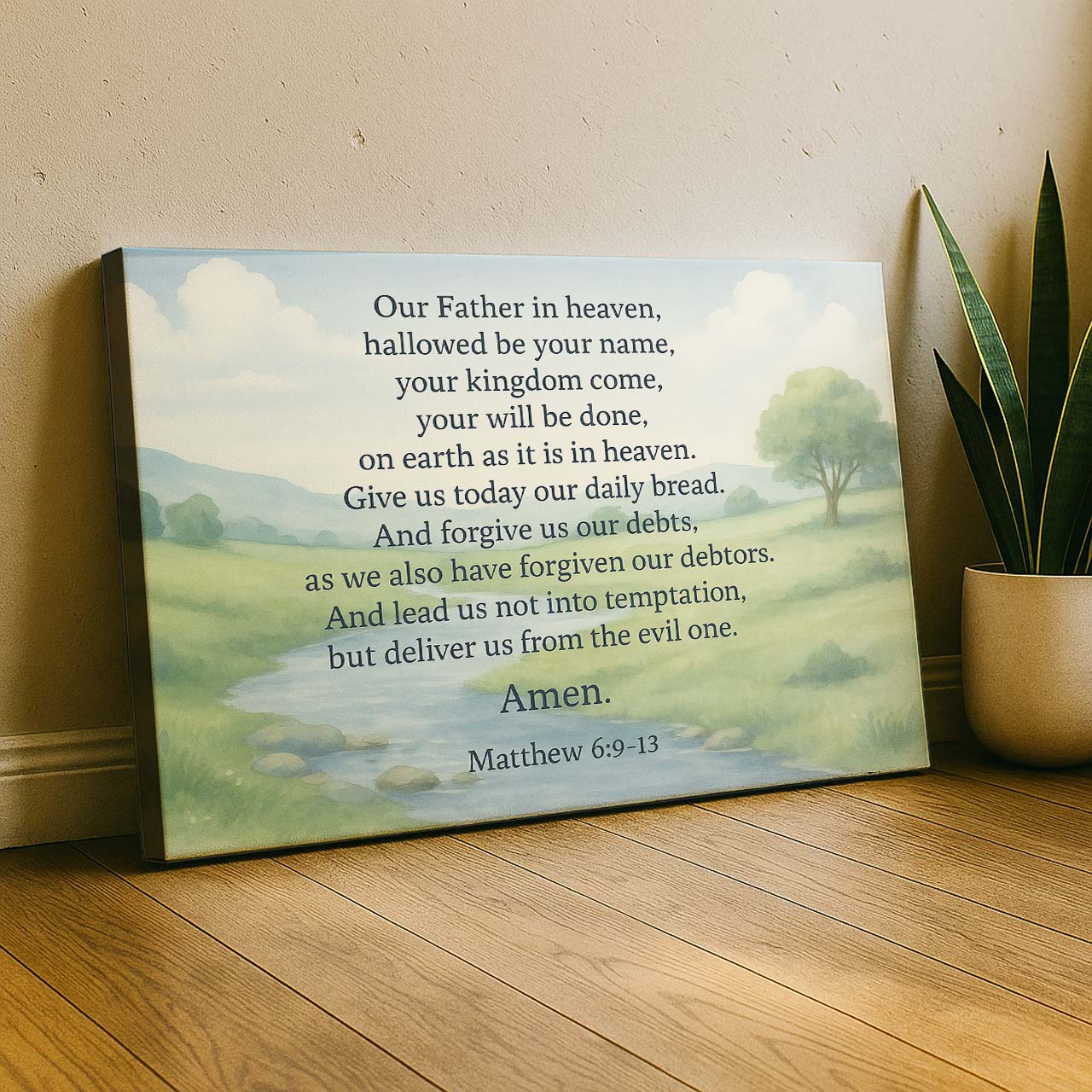 Our Father The Lord’s Prayer Matthew 6:9-13 on Pastoral Landscape, Wall Art Canvas