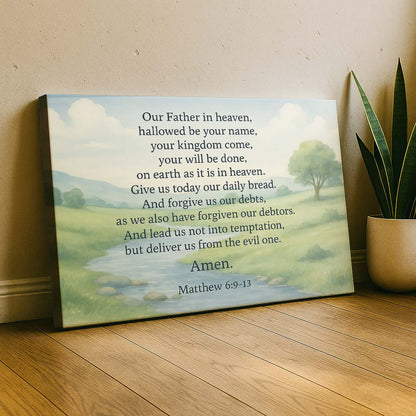 Our Father The Lord’s Prayer Matthew 6:9-13 on Pastoral Landscape, Wall Art Canvas