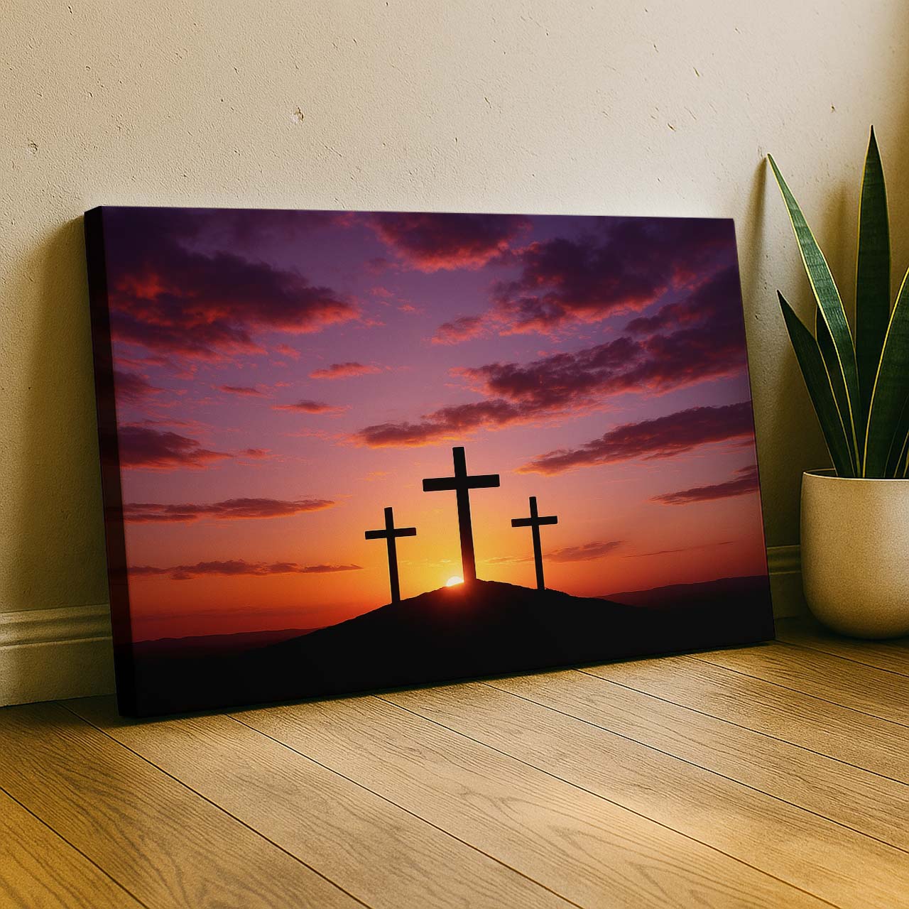 Three Crosses Silhouette at Sunset, Wall Art Canvas