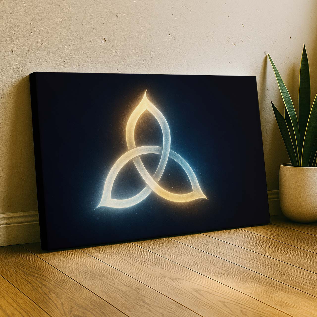 Trinity Knot of Light Glowing Symbol, Wall Art Canvas