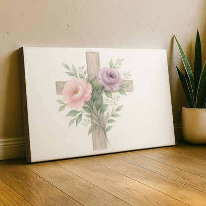Spring Floral Watercolor Cross, Wall Art Canvas