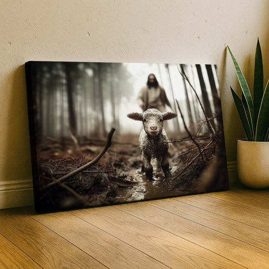 Jesus Running After the Lost Lamb in a Forest, Wall Art Canvas