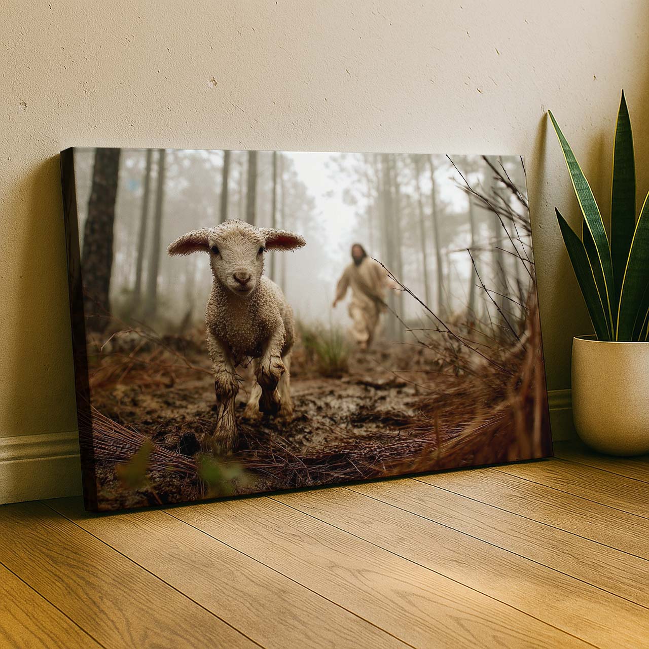 Jesus Running After a Lost Lamb in the Forest, Wall Art Canvas – mock-up 3