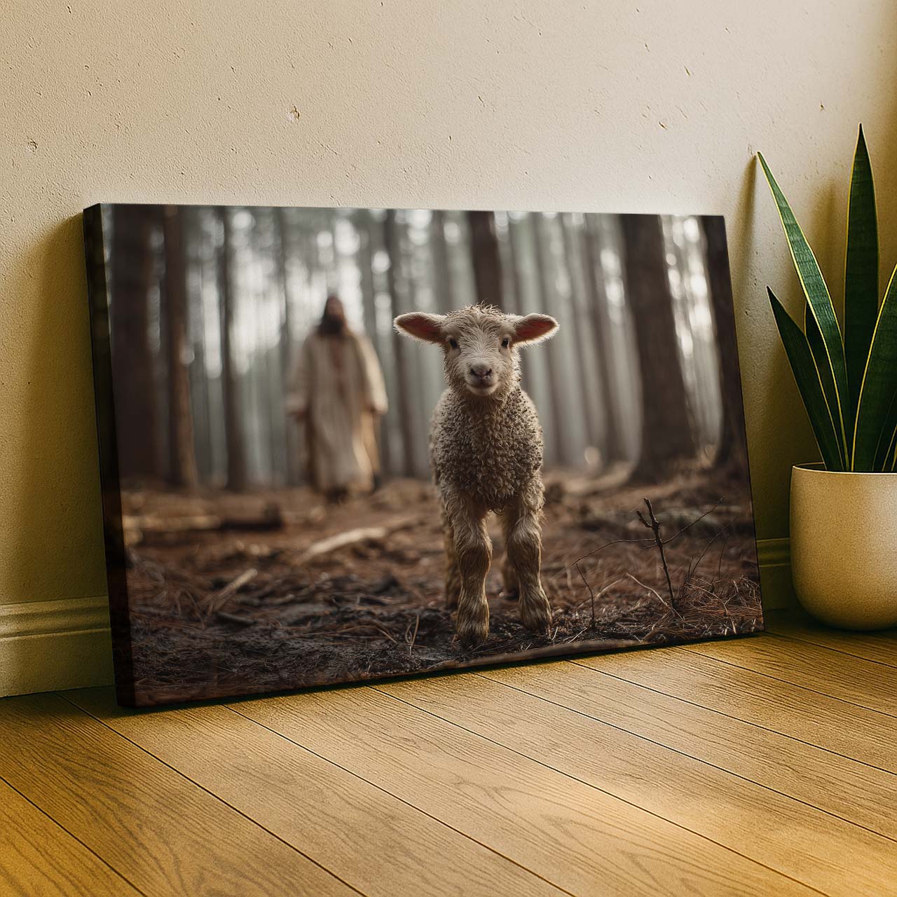 Lost Lamb Standing in the Forest – Christian Wall Art Canvas – mock-up 5