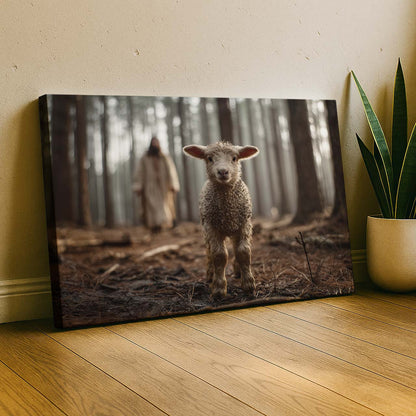Lost Lamb Standing in the Forest – Christian Wall Art Canvas – mock-up 5