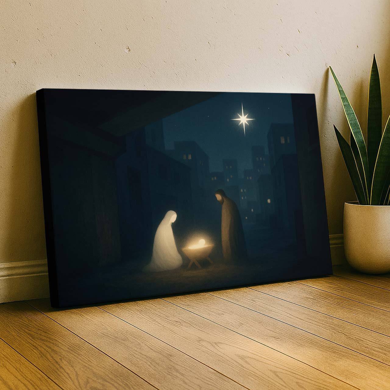 Modern Manger Scene Featuring Mary, Joseph, and Jesus, Wall Art Canvas