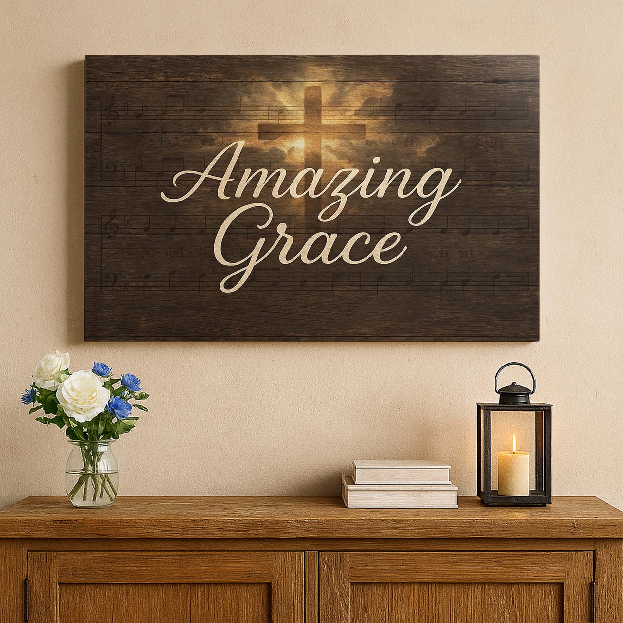 Amazing Grace Hymn Lyrics with Radiant Cross on Wood, Wall Art Canvas