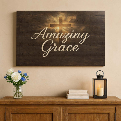 Amazing Grace Hymn Lyrics with Radiant Cross on Wood, Wall Art Canvas