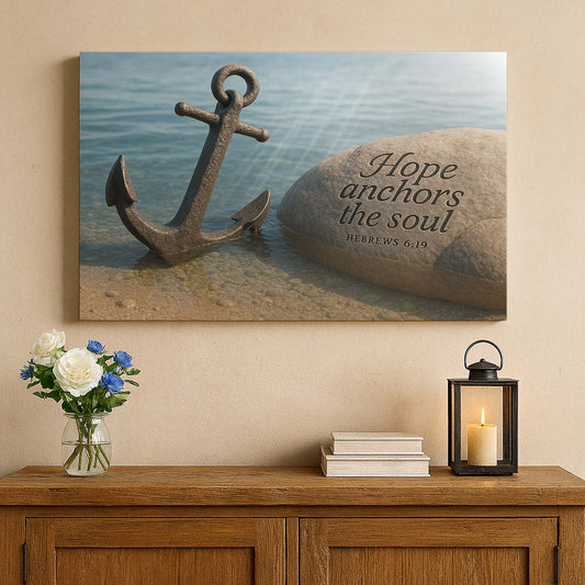 Anchor on the Shore with 'Hope Anchors the Soul' Inscription, Wall Art Canvas