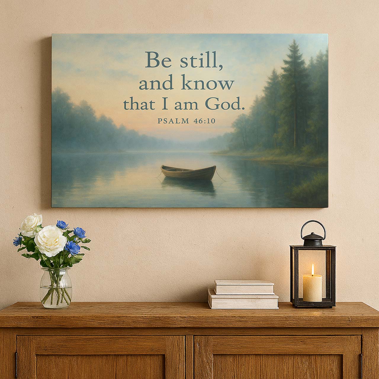 Solitary Boat on a Misty Lake with 'Be Still and Know', Wall Art Canvas