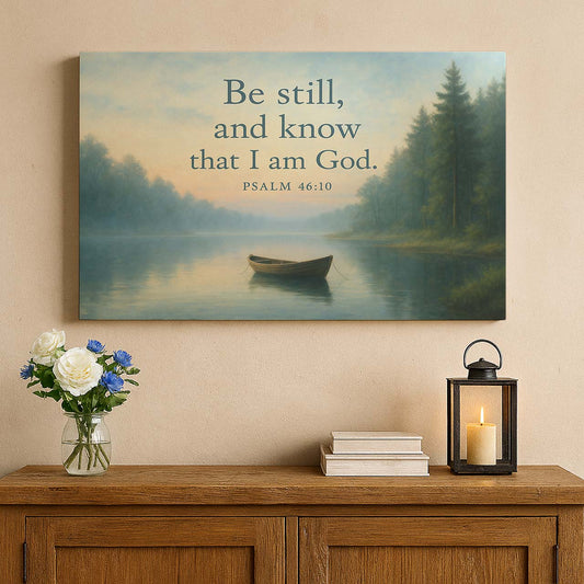 Solitary Boat on a Misty Lake with 'Be Still and Know', Wall Art Canvas