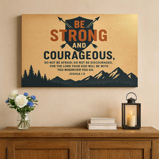 Shield and Mountains with 'Be Strong and Courageous', Wall Art Canvas
