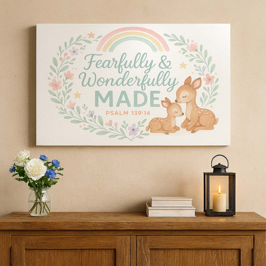 Fearfully & Wonderfully Made Nursery Deer and Rainbow, Wall Art Canvas