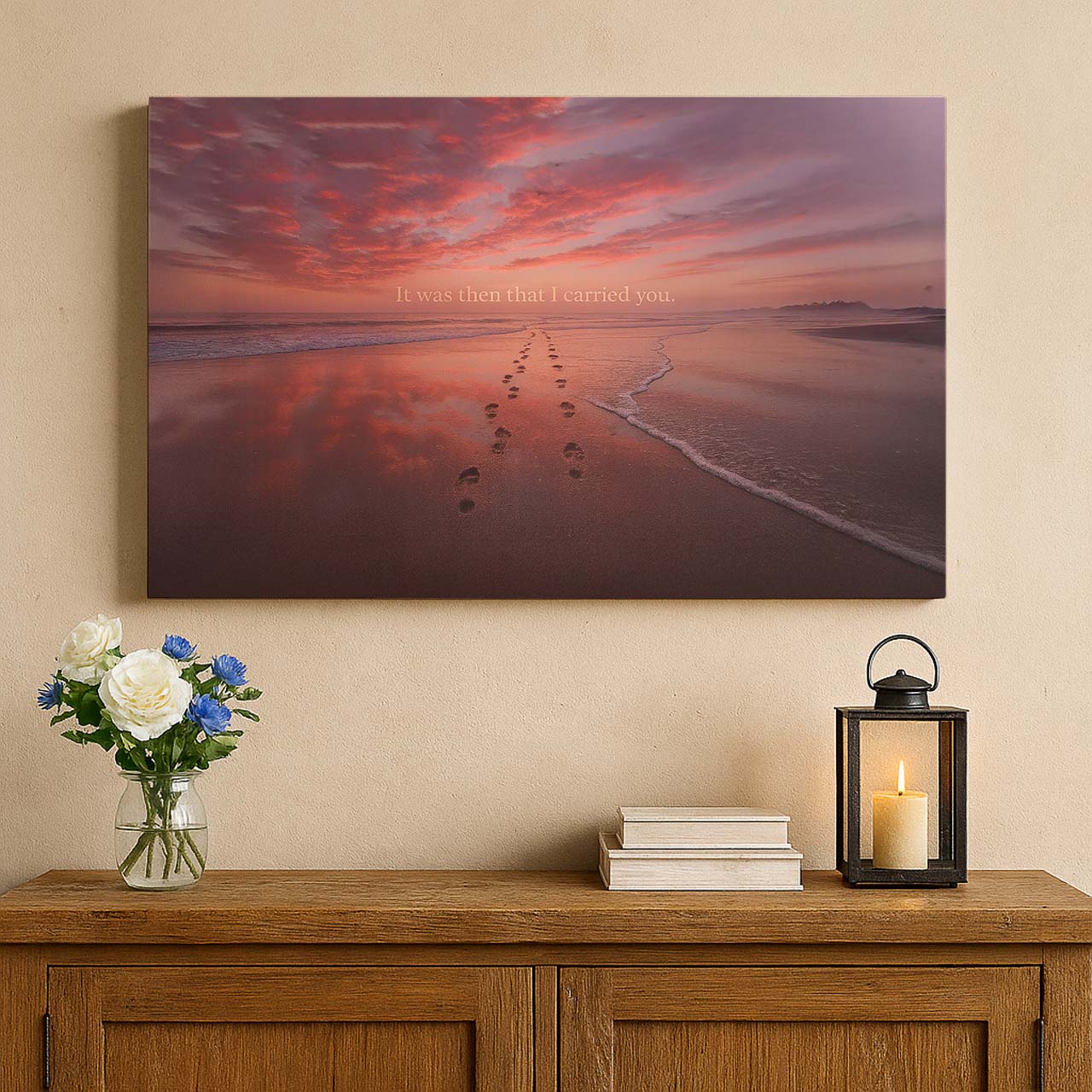 Footprints Along the Shore at Sunset, Wall Art Canvas