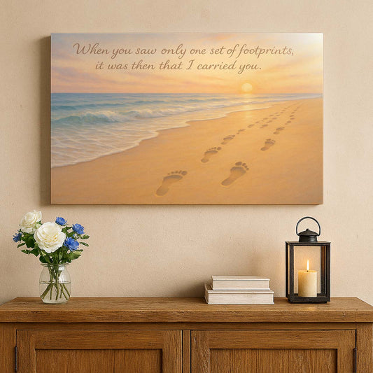 Beach Footprints with ‘When You Saw Only One Set of Footprints’, Wall Art Canvas