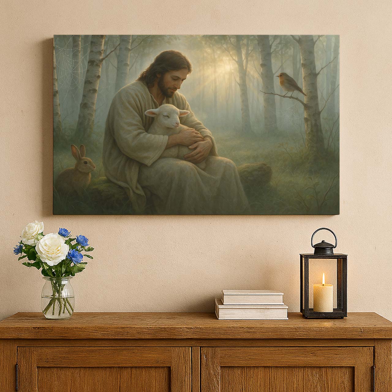 Jesus Embracing a Lamb in a Forest Clearing, Wall Art Canvas