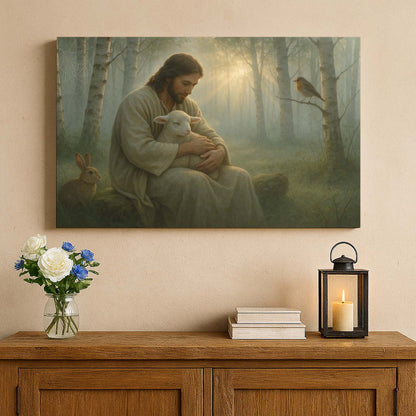 Jesus Embracing a Lamb in a Forest Clearing, Wall Art Canvas
