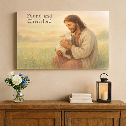 Jesus Cherishing a Lamb at Sunrise in a Field, Wall Art Canvas