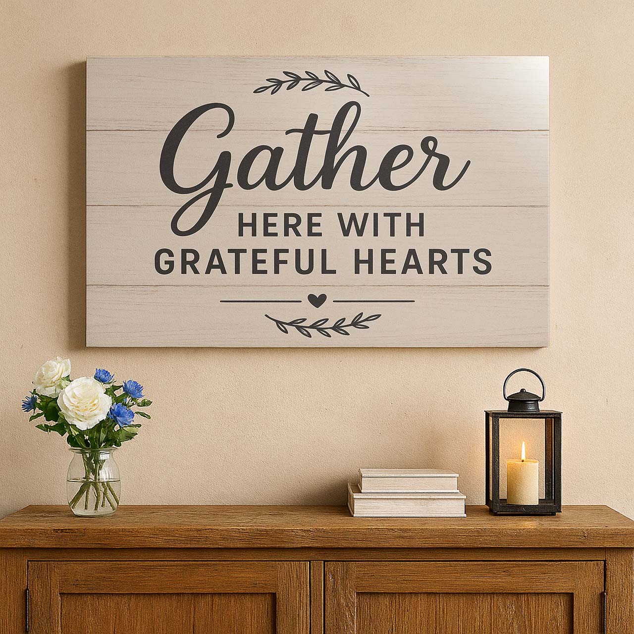Rustic Wood Sign ‘Gather Here with Grateful Hearts’, Wall Art Canvas