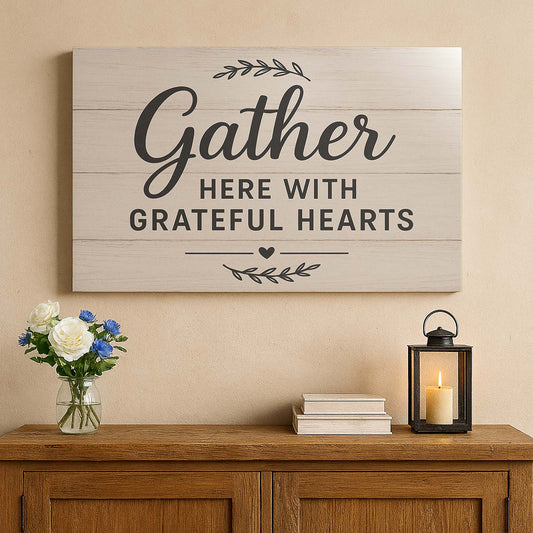 Rustic Wood Sign ‘Gather Here with Grateful Hearts’, Wall Art Canvas