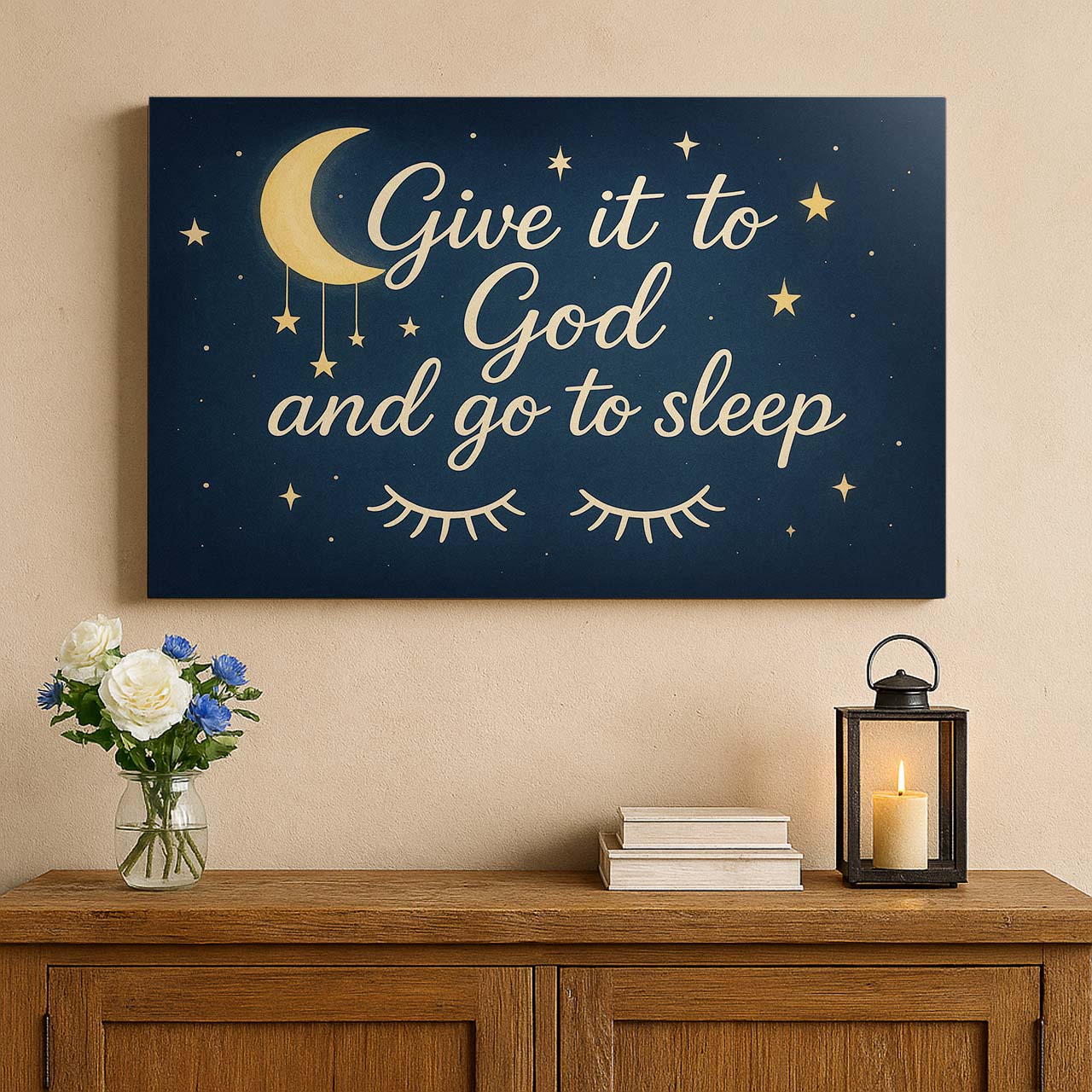 Moon and Stars ‘Give It to God and Go to Sleep’, Wall Art Canvas