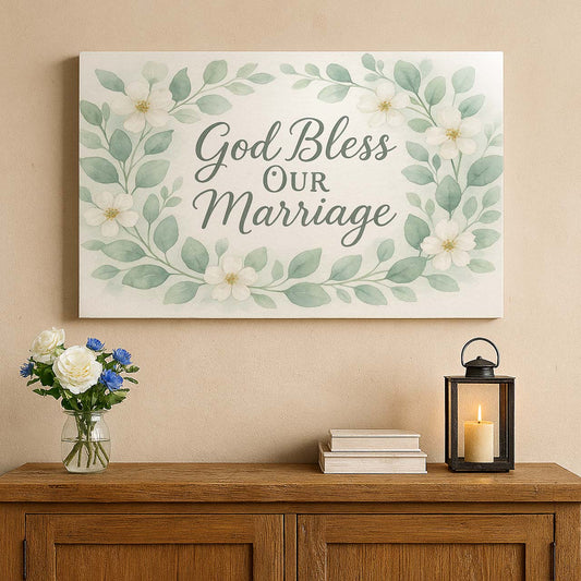 Watercolor Floral Wreath ‘God Bless Our Marriage’, Wall Art Canvas