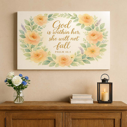 Watercolor Floral Wreath with ‘God is Within Her’ Scripture, Wall Art Canvas
