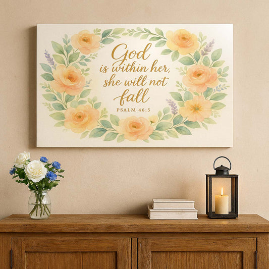 Watercolor Floral Wreath with ‘God is Within Her’ Scripture, Wall Art Canvas