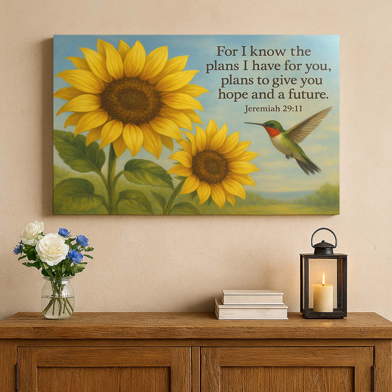 Hummingbird & Sunflowers with Jeremiah 29:11, Wall Art Canvas