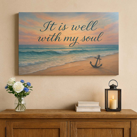 Jesus with Anchor on the Shore ‘It Is Well’, Wall Art Canvas