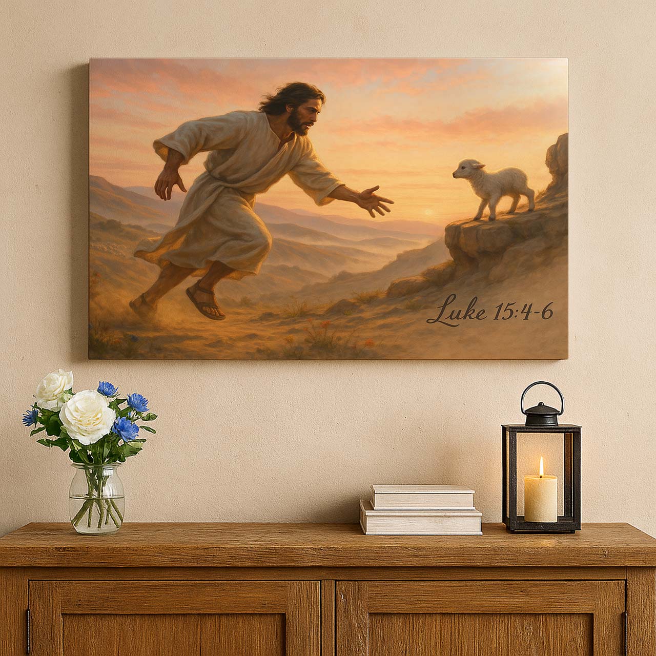 Jesus Chasing the Lost Lamb at Dawn, Wall Art Canvas