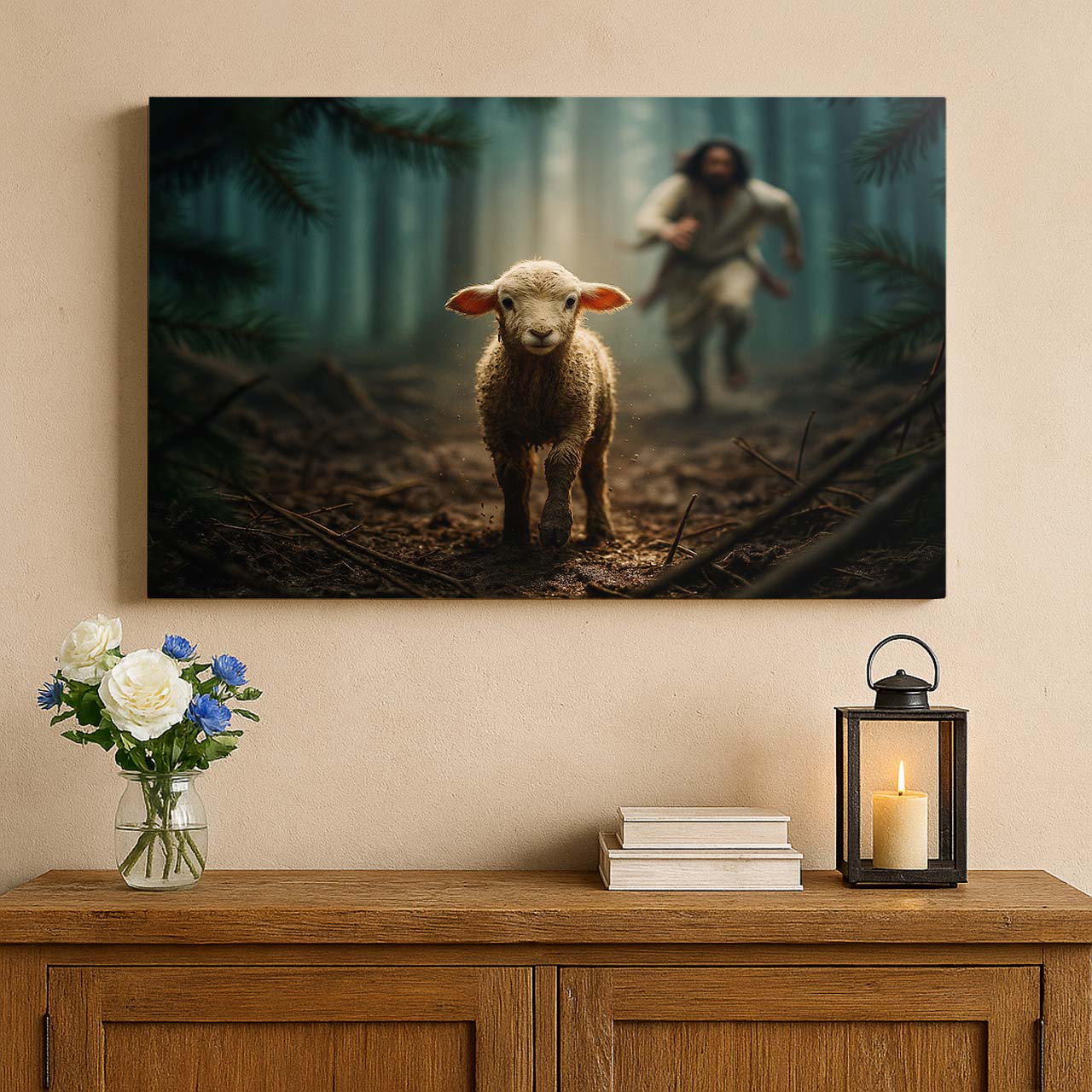 Jesus Chasing a Lost Lamb in the Forest, Wall Art Canvas