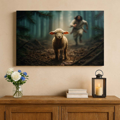 Jesus Chasing a Lost Lamb in the Forest, Wall Art Canvas