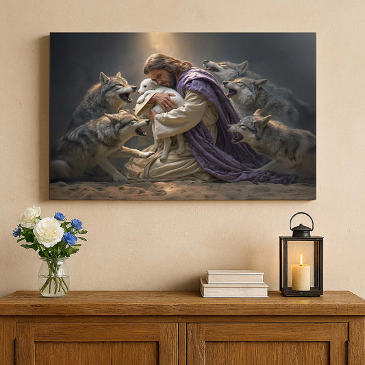 Jesus Embracing the Lamb Surrounded by Wolves – Wall Art Canvas – mock-up 3