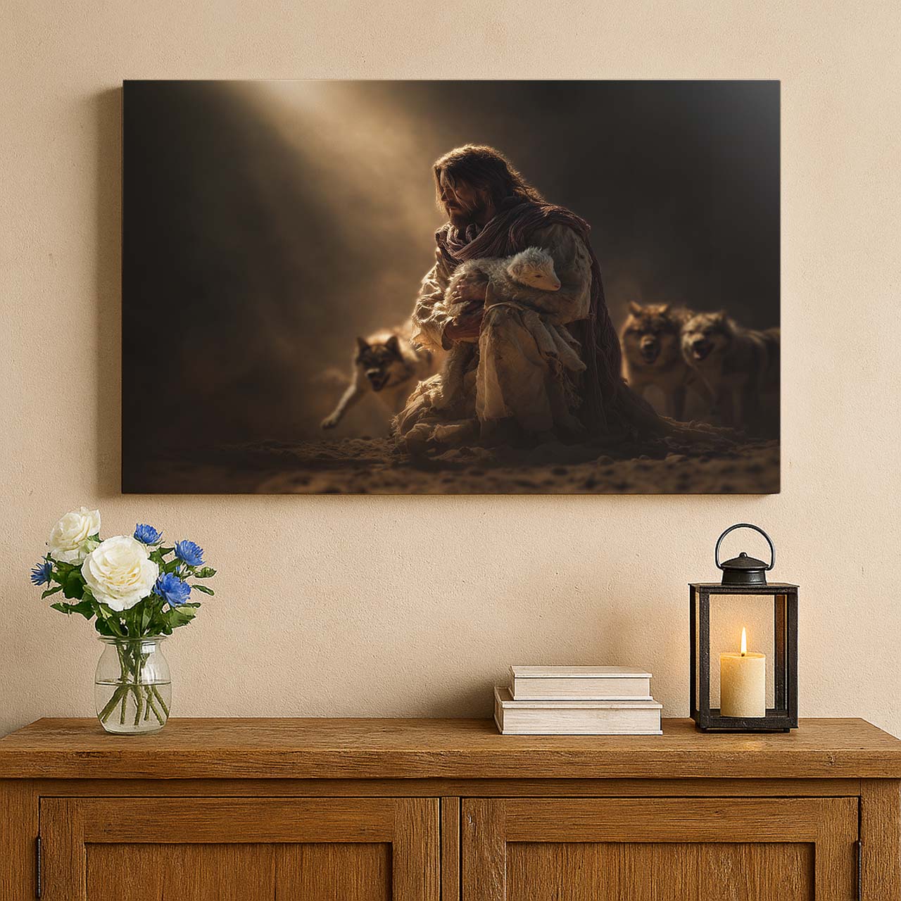 Jesus Shielding the Lamb from Wolves – Christian Wall Art Canvas – mock-up 5